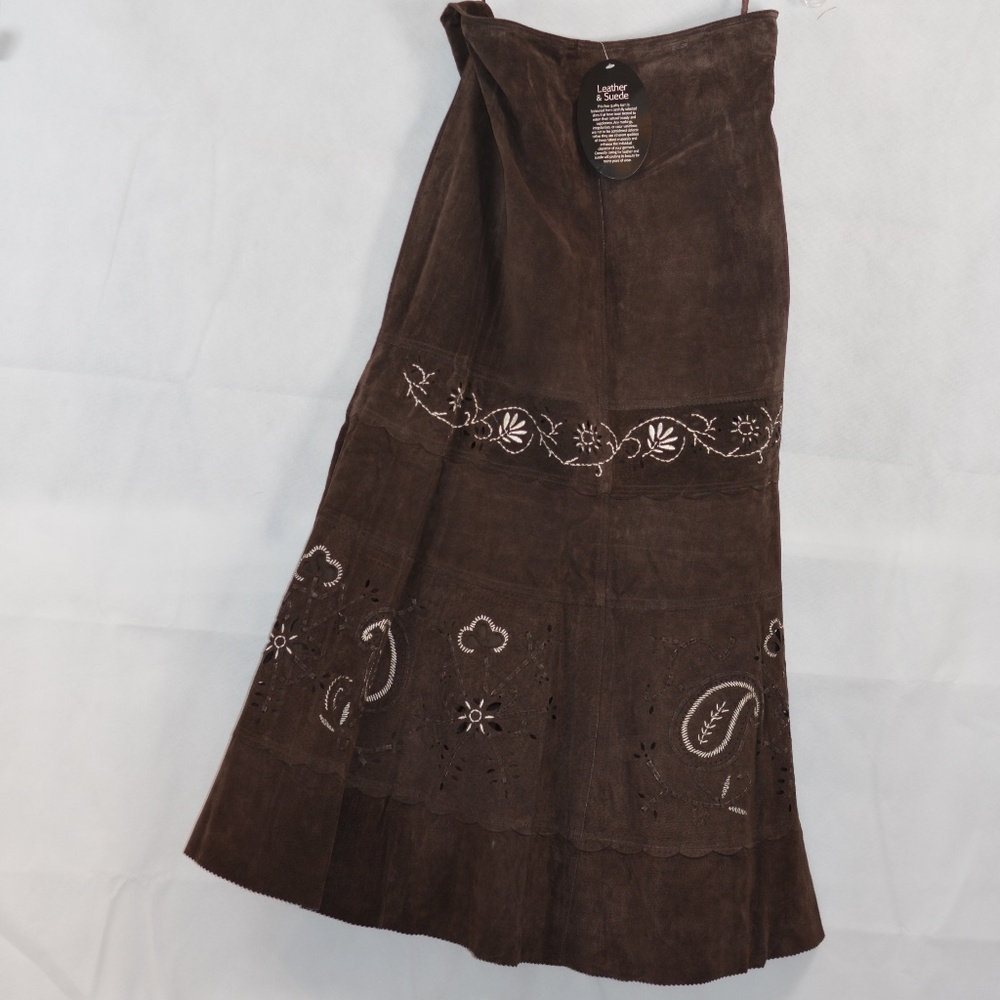 Suede Leather Cut out Embroidered Full Skirt SZ 14 NWT